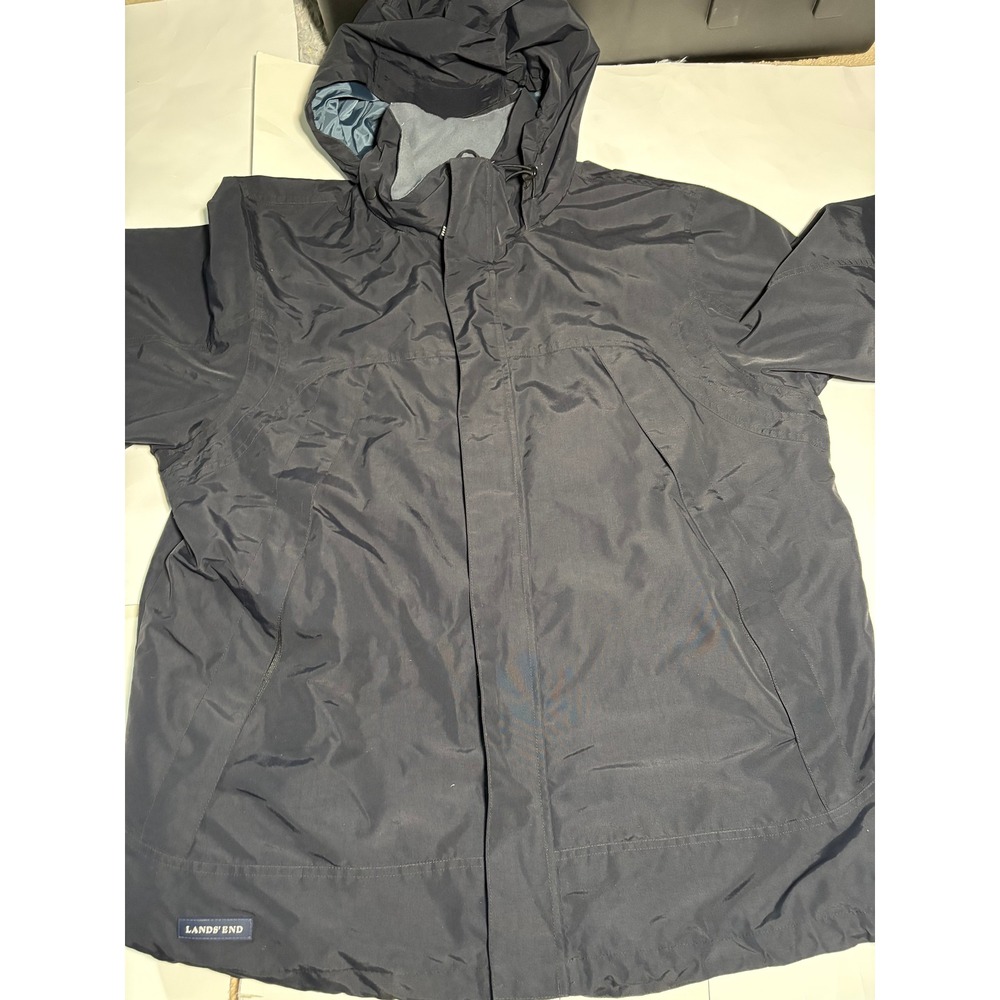 Lands' End Mens XL Black Hooded Rain Jacket Waterproof Windbreaker Coat - Picture 2 of 5
